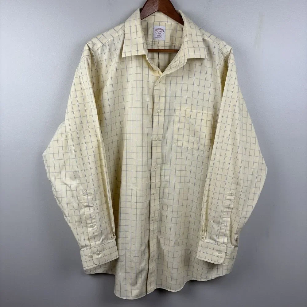 Brooks Brothers Men 17 1/2 - 4/5 Yellow Check Dress Shirt Regular Fit Cotton